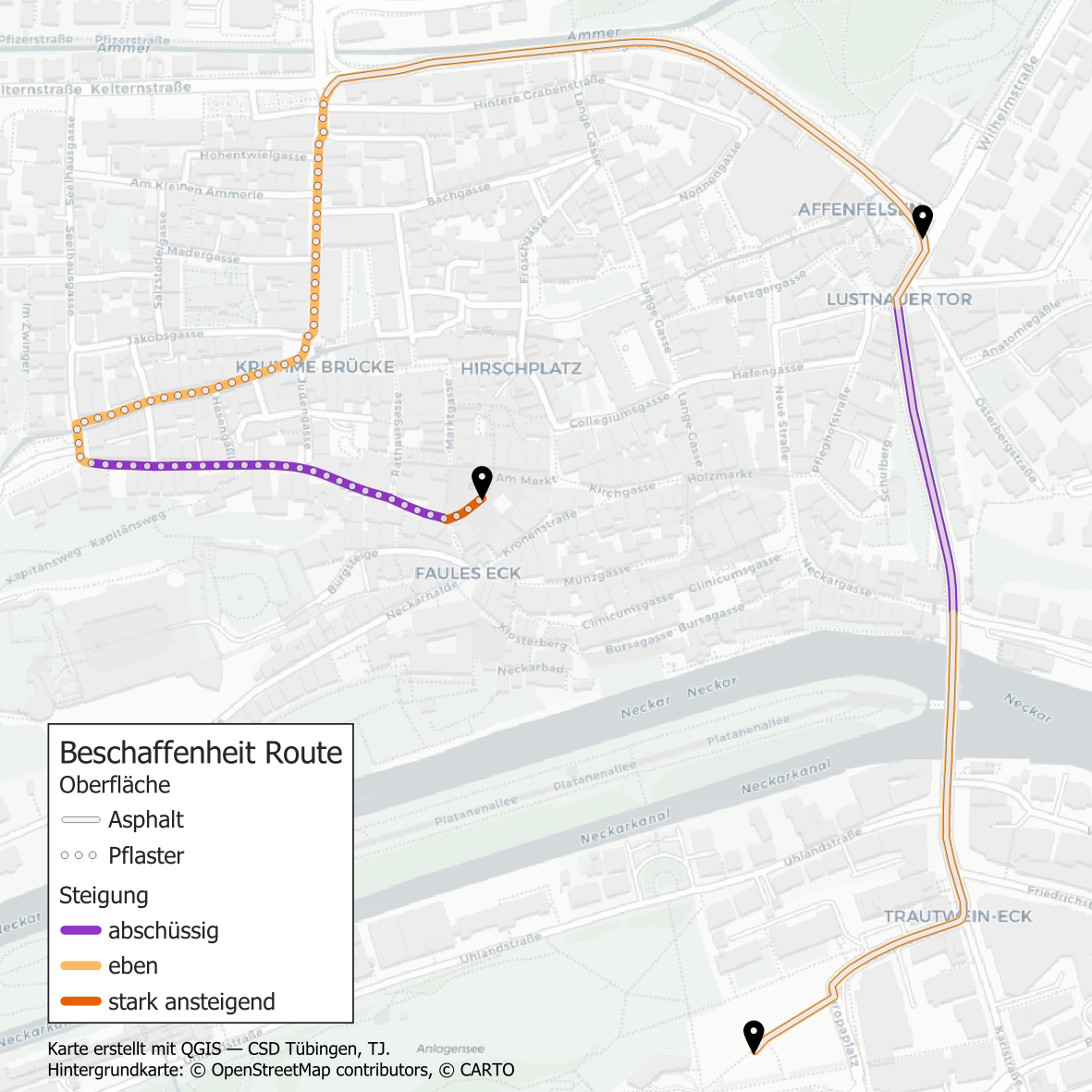 Die Beschaffenheit der Route des CSD 2026.
Der erste Teil von Marktplatz bis zum Abbiegen auf den Stadtgraben ist gepflastert, der Rest bis zum Europaplatz ist asphaltiert. Fast die gesamte Route ist eben oder abschüssig. Nur der erste Abschnitt am Haagtorplatz ist steil ansteigend.