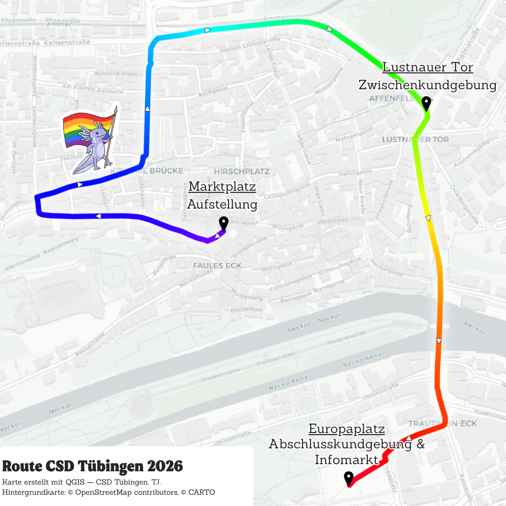 Darstellung der Route des CSD Tübingen 2026.
Die Aufstellung erfolgt am Marktplatz, dann geht es über die Haaggasse, den Haagtorplatz, die Ammergasse, die Krumme Brücke, Schmiedtorstraße, Stadtgraben. Die Zwischenkundgebung ist am Lustnauer Tor bzw. beim Kino Museum. Dann geht es weiter über die Mühlstraße, Neckarbrücke zum Europaplatz.